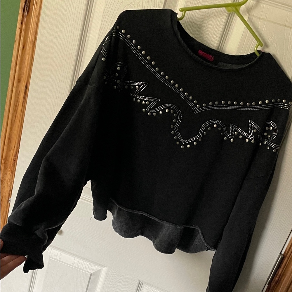 Black Stud-Embellished Women's Crop Pullover - Picture 2 of 4